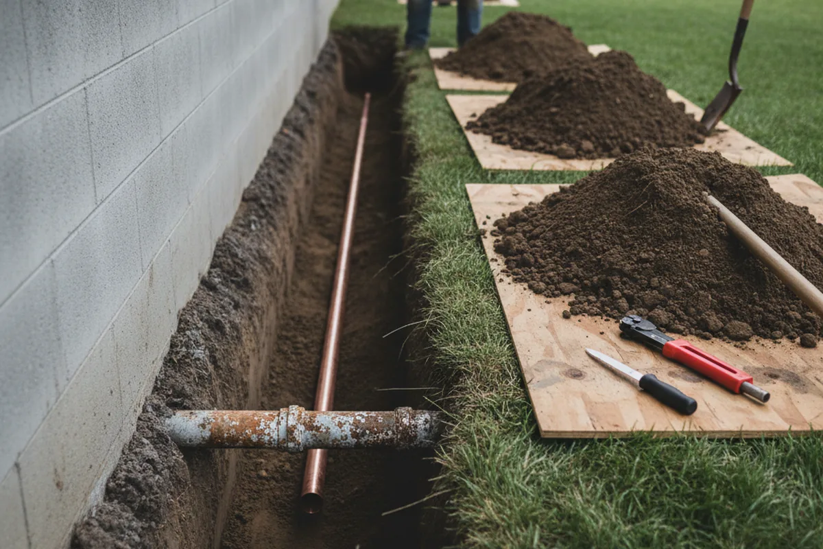 Excavated water line trench during Sewer Line Repair in Fountain City